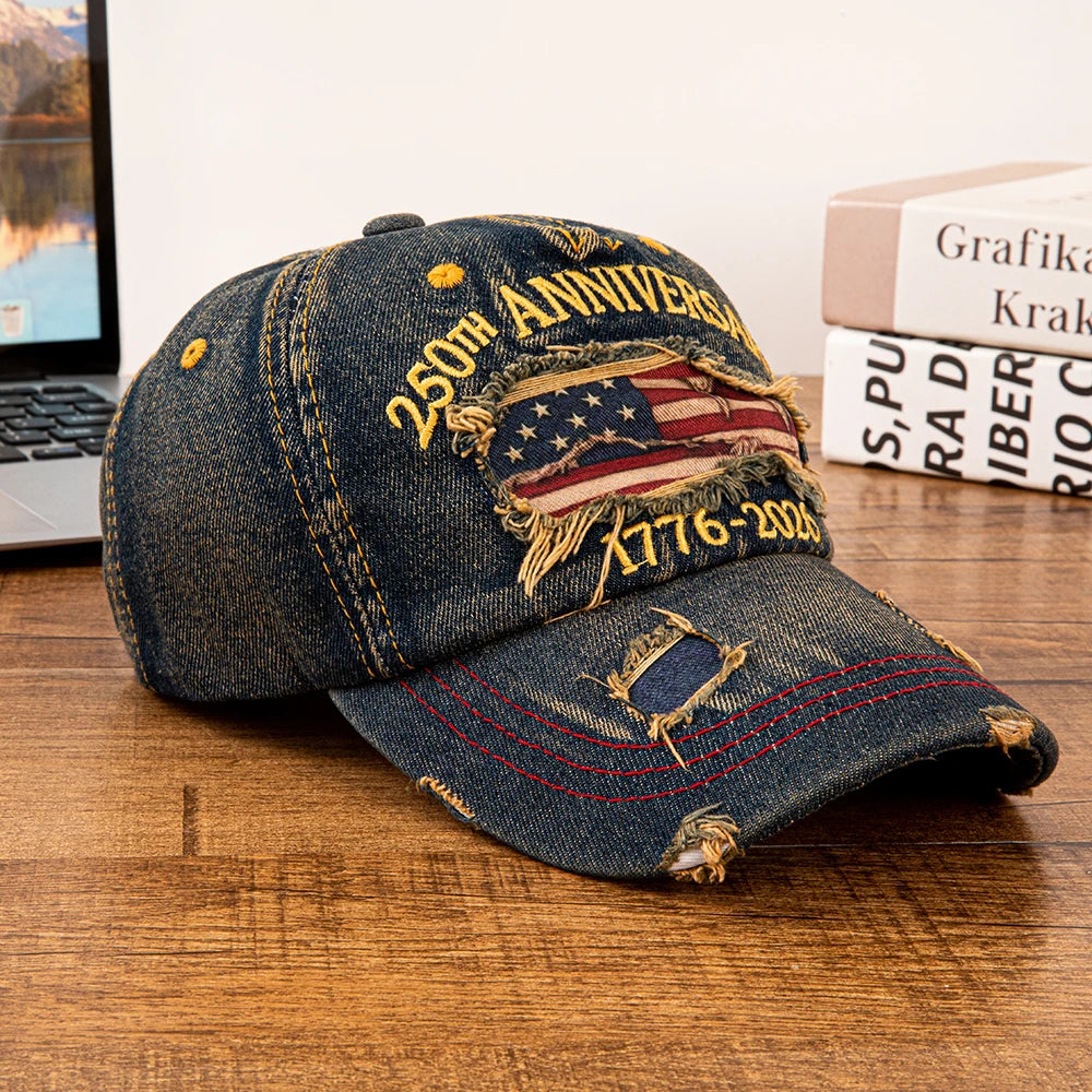 Vintage USA Flag 250th Anniversary 1776-2026 Distressed Denim Baseball Cap