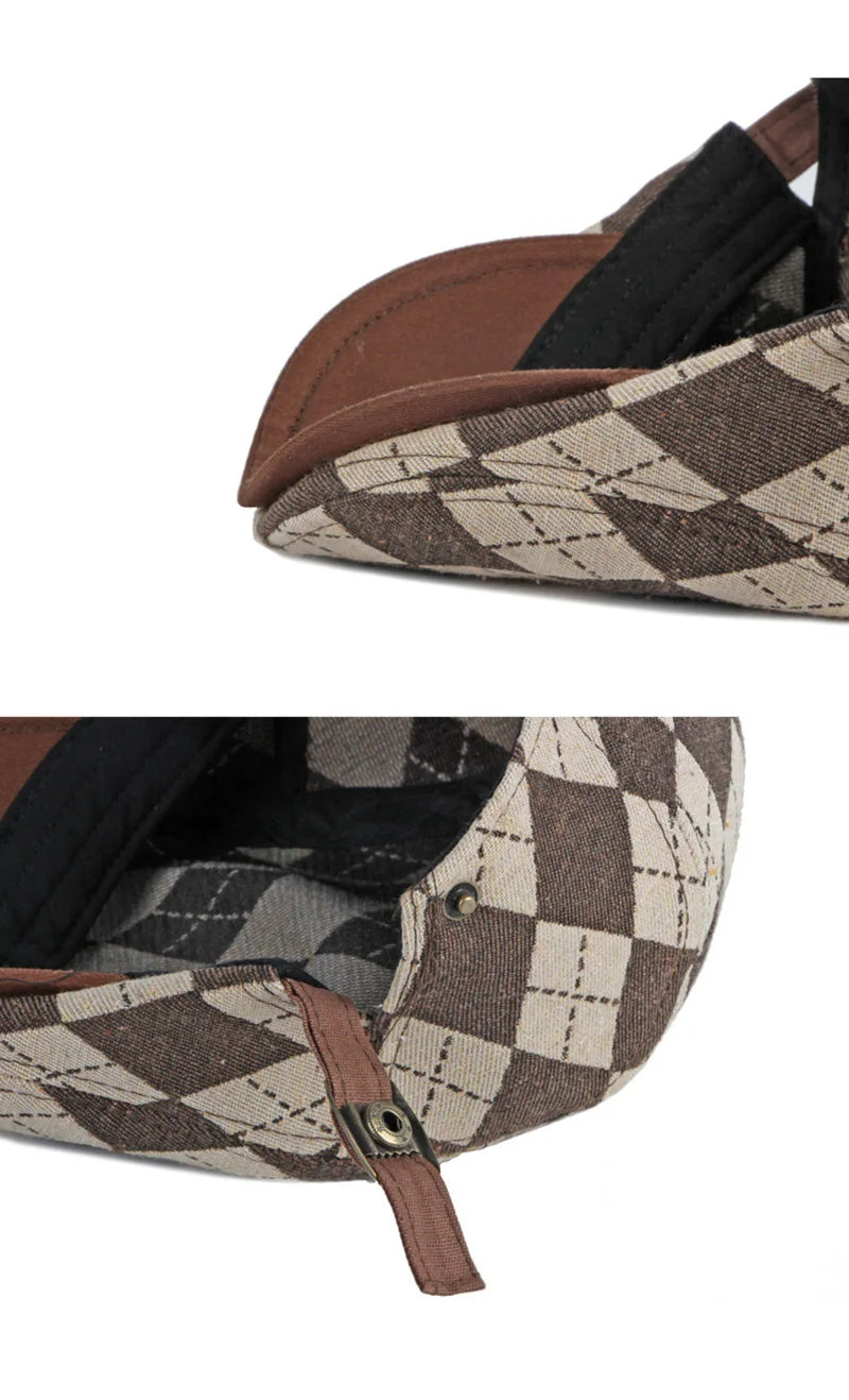 Spring Fall Men's Beret Hat Retro Plaid Herringbone Cap Forward Flat Peaked Cap