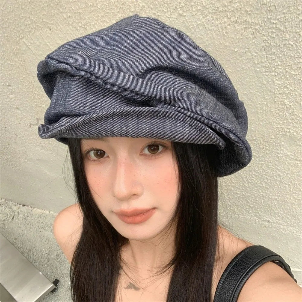 Vintage Japanese Denim Beret Cloth Cloud Octagonal Cap Big Head