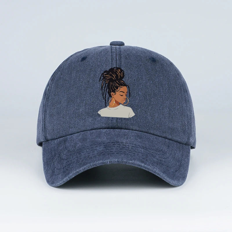 Vintage-Washed Baseball Cap with African Queen Print