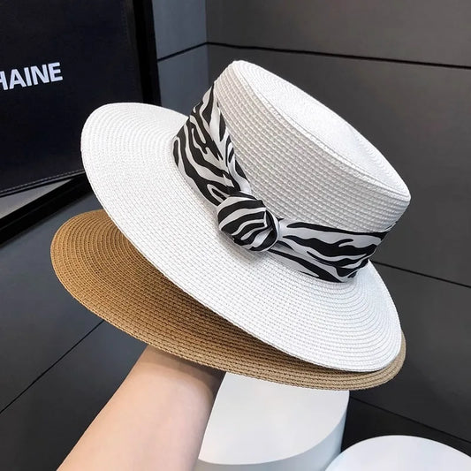 Women Summer French Retro Zebra Print Flat Top Straw Hat Outdoor Vacation Beach