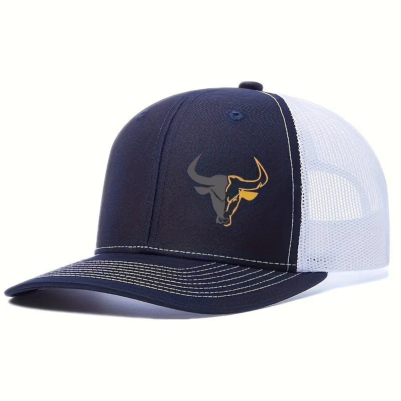 Unisex Baseball Cap Adjustable Outdoor Sports Bull Head Print Mesh Breathable Breathable Net Cap Trucker Hat