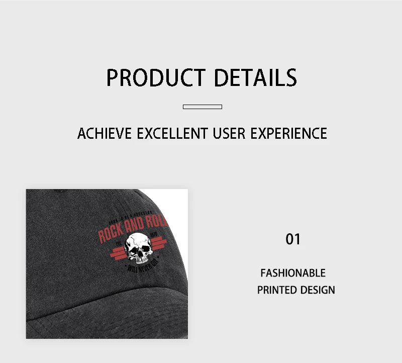 Rock Skull Print Washed Baseball Cap Soft Comfortable Lightweight Breathable Adjustable Style