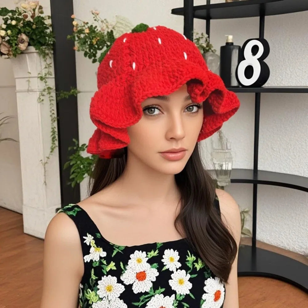 Cute Handmade Fisherman Hat Red Strawberry Design Basin Hat