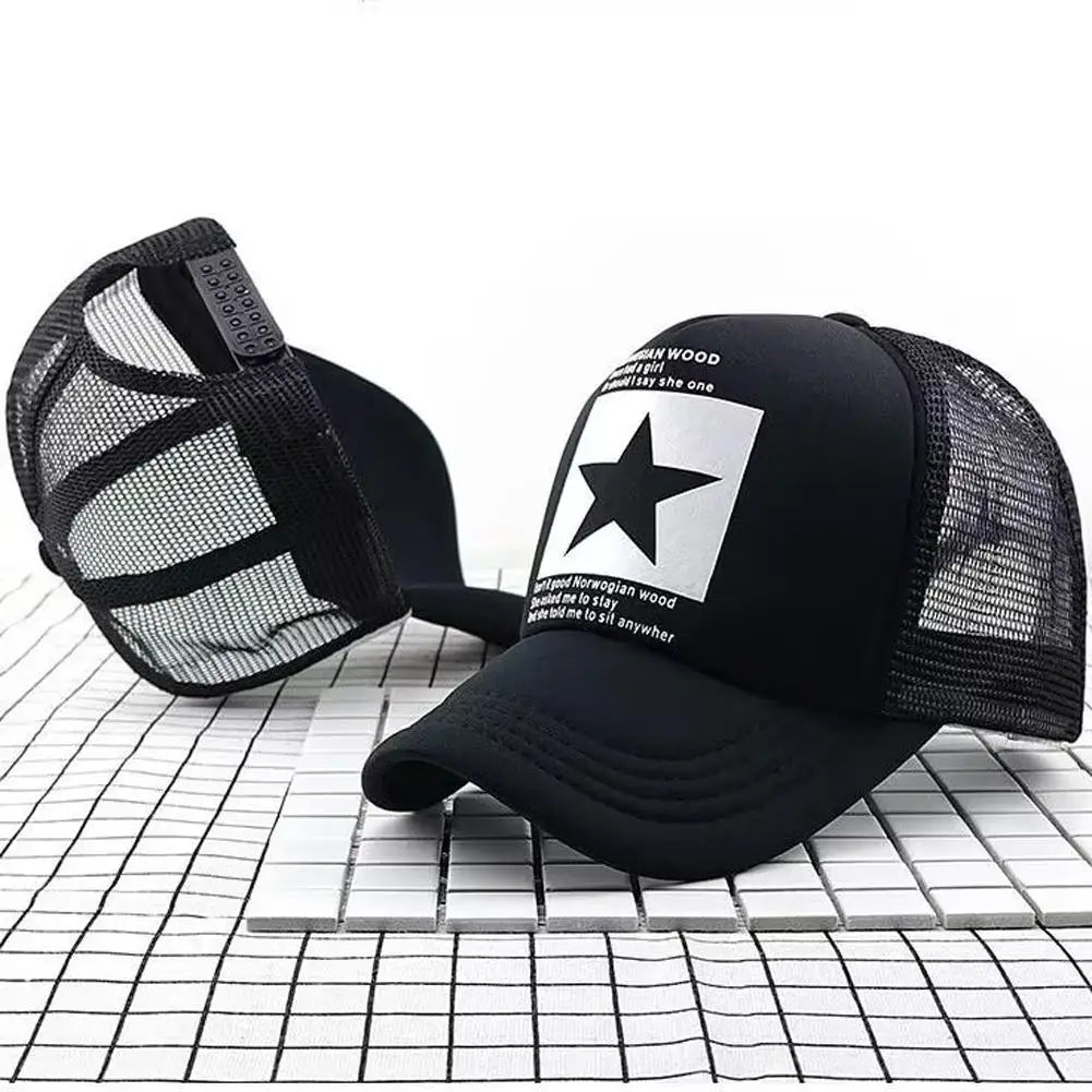 Summer Mesh Baseball Cap Fashion Star Printed Adjustable Baseball Hat Ponytail Cap Unisex Outdoor Sports