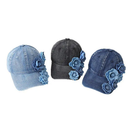 Three-Dimensional 5-Flower Fabric Flower Denim Baseball Cap