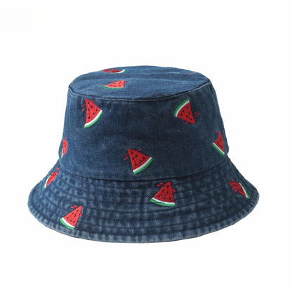 Summer Embroidery Cherry Washed Denim Bucket Hat For Women