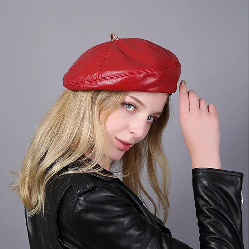 2025 Spring 100% Real Leather Beret Hat Women
