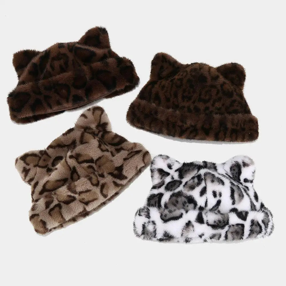 Winter Plush Teddy Bear Hat For Women Leopard Print Ear Protection Cap