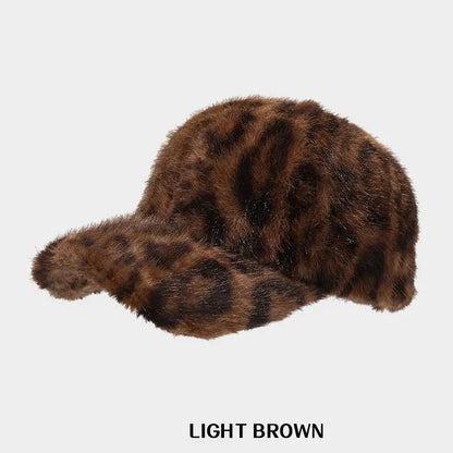 Leopard Print Baseball Cap Women Plush Faux Fur Keep Warm Winter