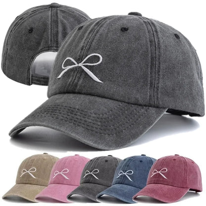 Women Washed Cotton Cap Bow Knot Embroidery Vintage Baseball Cap Female
