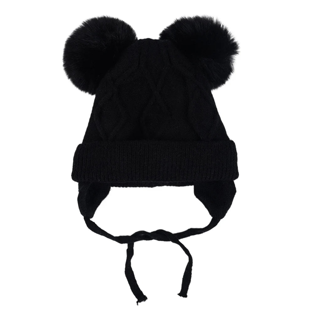 New Autumn Winter Double Ball Knitted Baby Hat For Girls Boys Baby, Ear Protection Hat