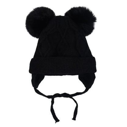 New Autumn Winter Double Ball Knitted Baby Hat For Girls Boys Baby, Ear Protection Hat