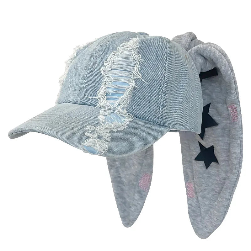 Niche Y2k Rabbit Ears Denim Ripped Baseball Cap Men and Women
