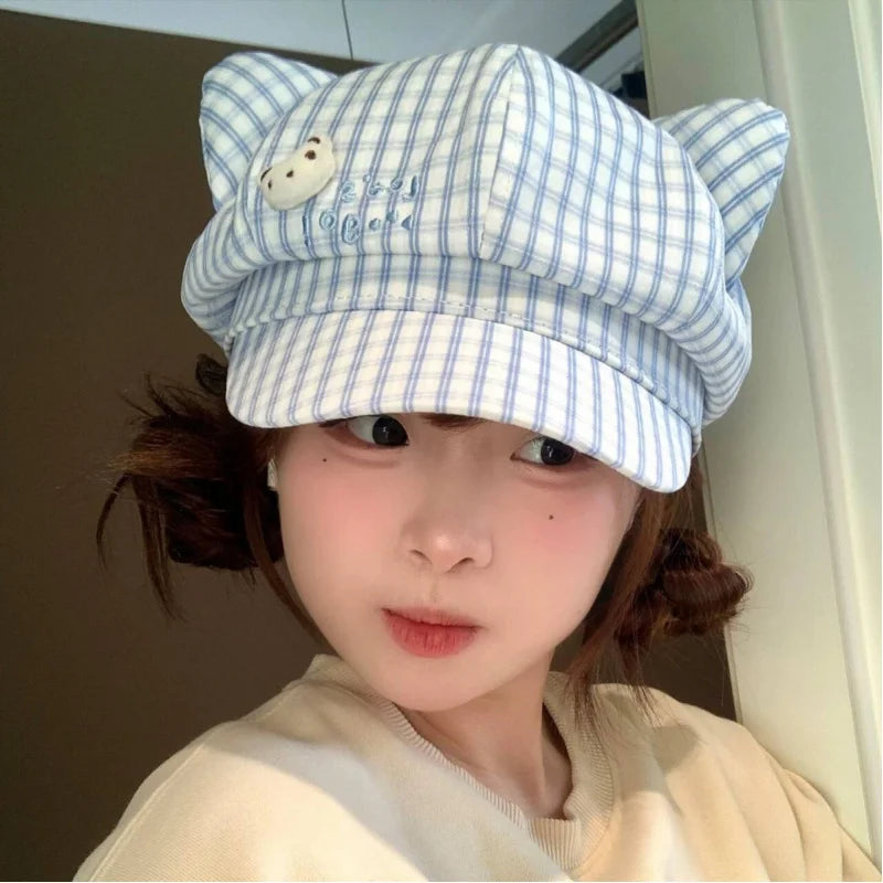 Cute Bear Plaid Ear Octagonal Hat Women Spring Summer