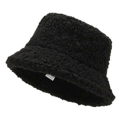 Unisex Solid Color Personality Lambhair Bucket Hats Warm Fishermen Caps