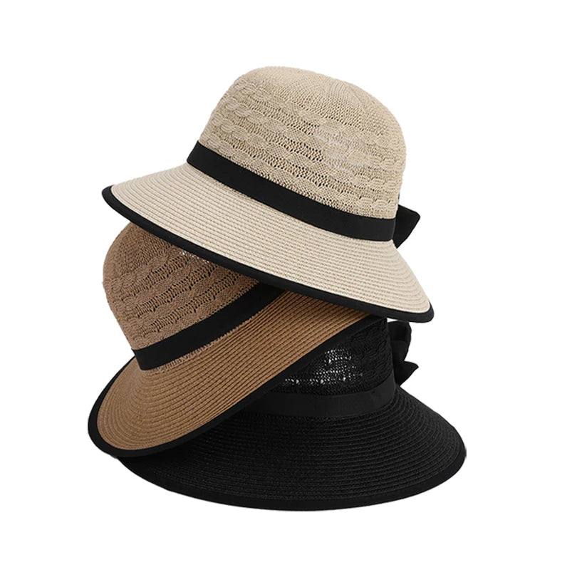 Girls' Versatile Bow-Tied Ponytail Hole Large Eaves Straw Hat