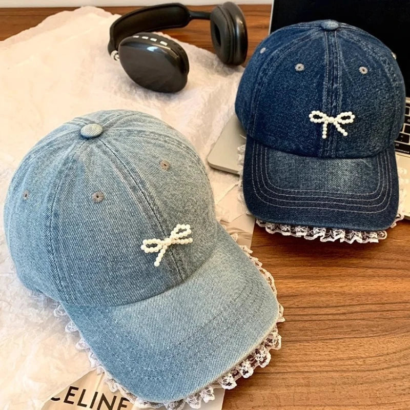 Korean-Style Bow-Tie Knit Baseball Cap Women's