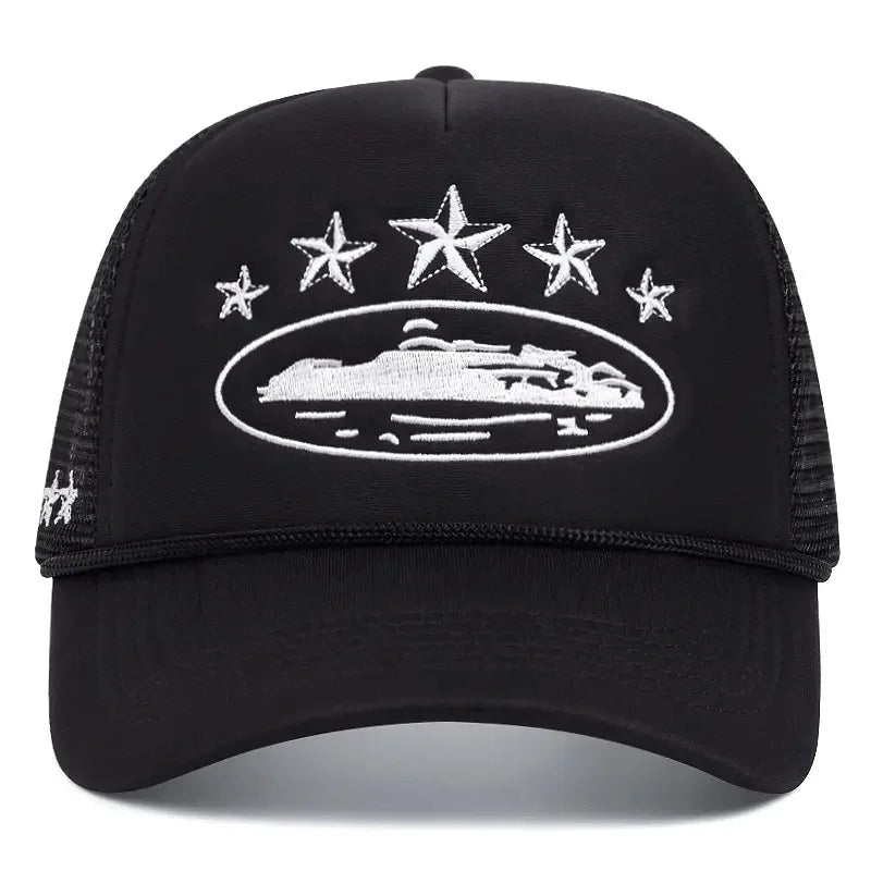 Street Style Star Ship Embroidered Breathable Mesh Trucker Hat