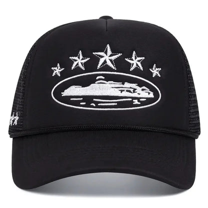 Street Style Star Ship Embroidered Breathable Mesh Trucker Hat