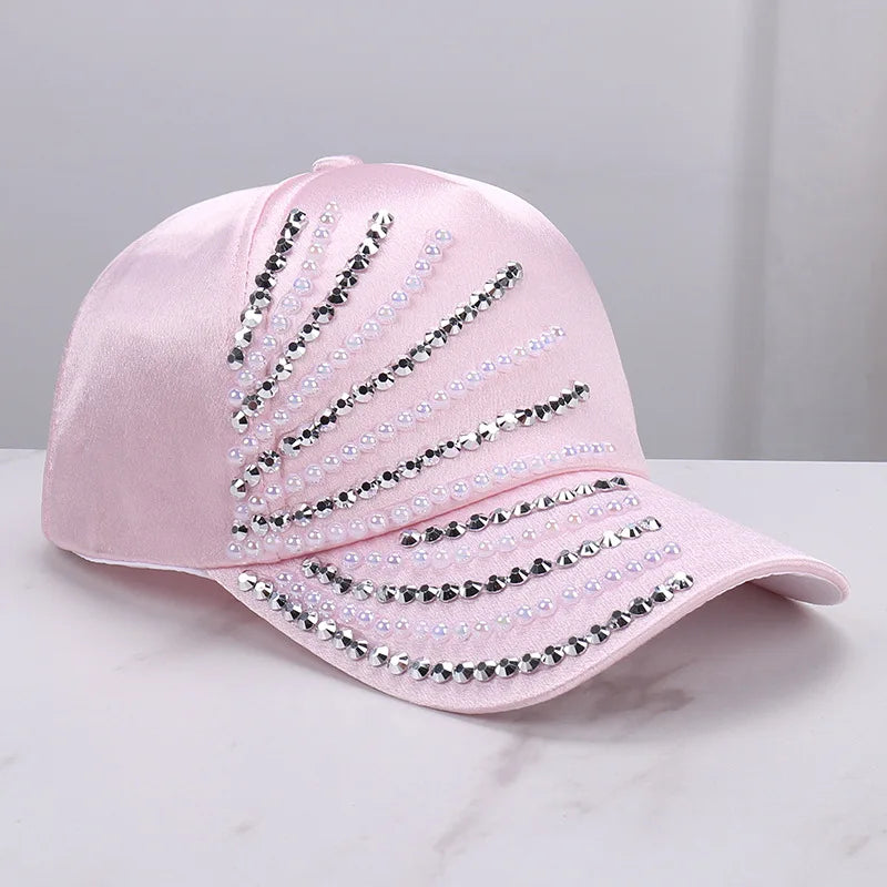 Satin Imitation Pearl Rhinestone Breathable Baseball Cap