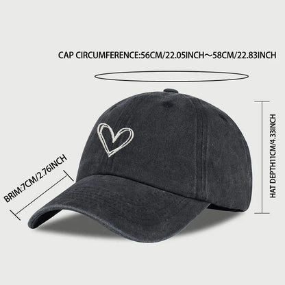 Y2K Style Heart Embroidered Baseball Cap Vintage Washed Distressed Dad Cap Breathable Adjustable Sun Hat