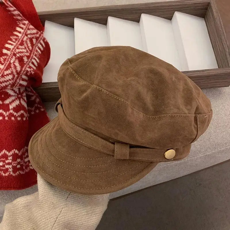 Retro Suede Beret Hat For Women Flat Top Newsboy Cap
