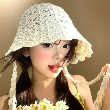 2026 Korean Version Ins Solid Color Knitted Hollowed Bucket Hat