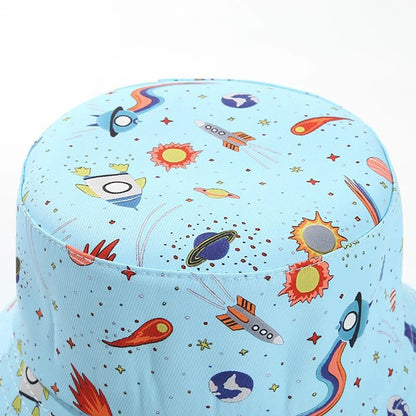 Kids Summer Sun Protection Cap Spaceship Planet Print Bucket Hat