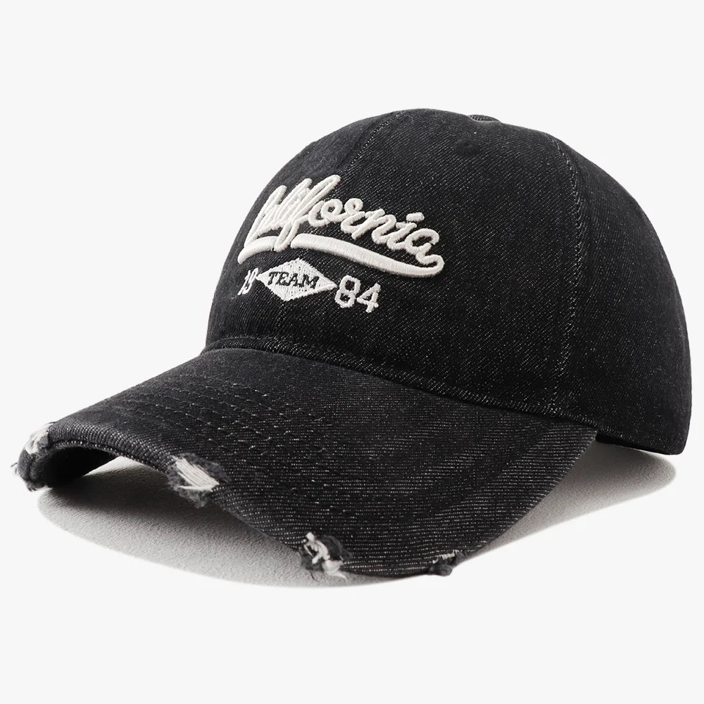 New Korean Washed Distressed Denim Jeans Ripped Baseball Cap