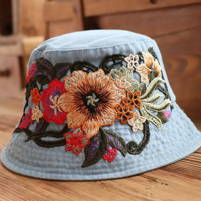 Ethnic Embroidered Denim Bucket Hat