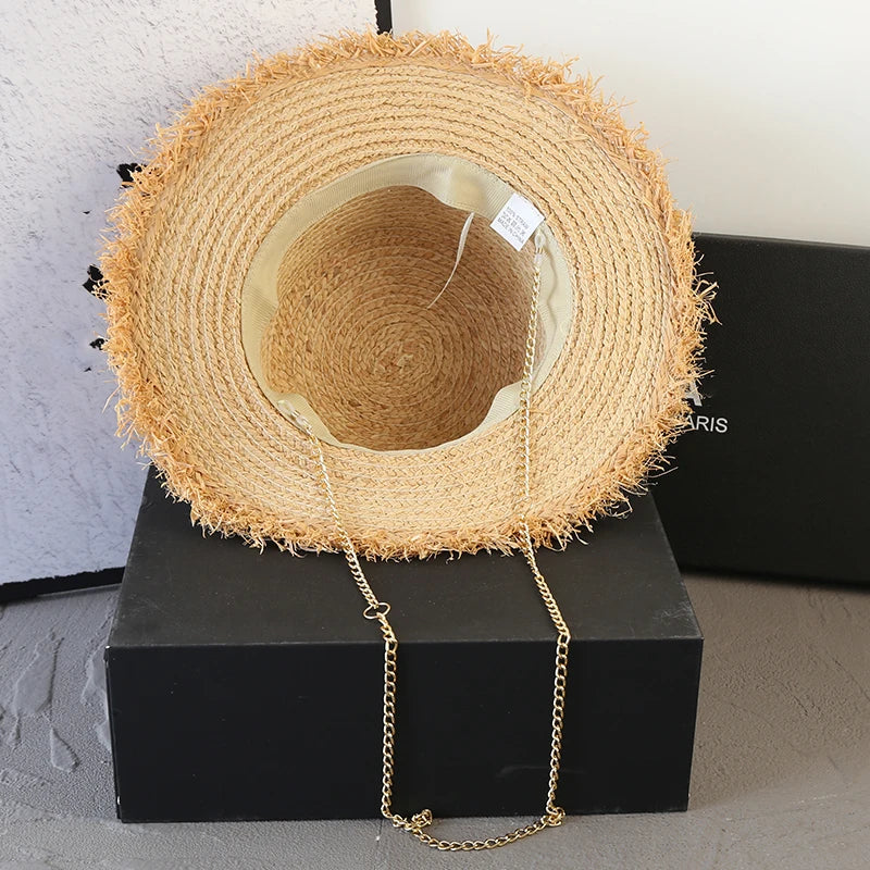 Designer Raffia Straw Hat With Chain Letter Women Summer Bikini Beach Sun Hat