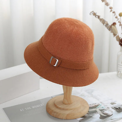 Women Knitted Bucket Hat Autumn Winter Solid Color