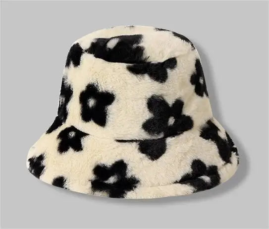 New Floral Plush Bucket Hat Women Fur Fisherman Cap