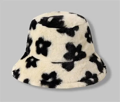 New Floral Plush Bucket Hat Women Fur Fisherman Cap