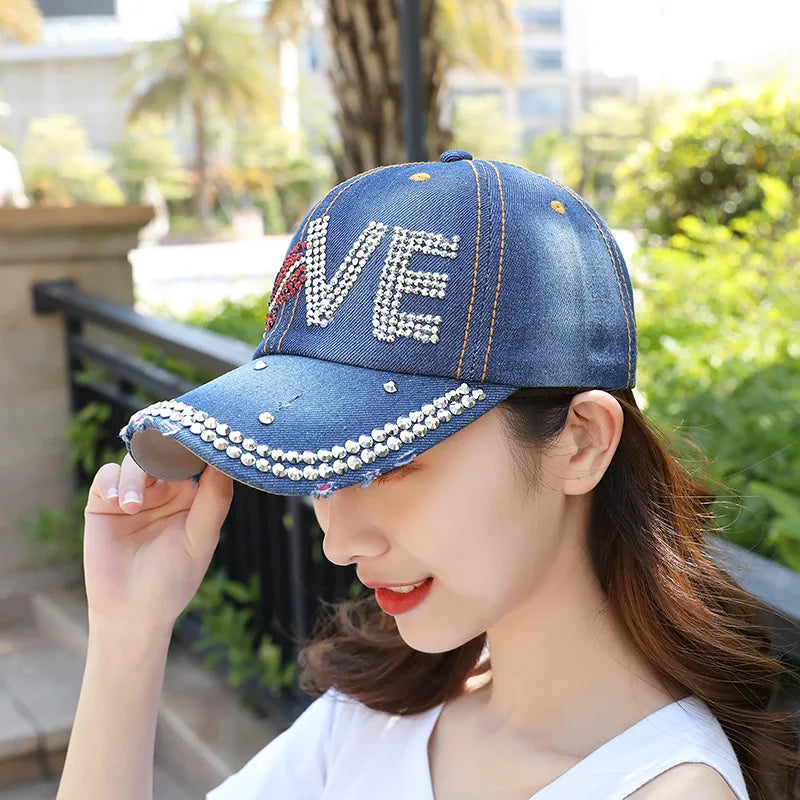 New Women Washed Denim Rhinestone Crown Baseball Cap