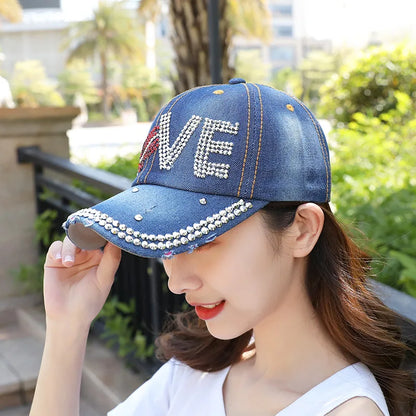New Women Washed Denim Rhinestone Crown Baseball Cap