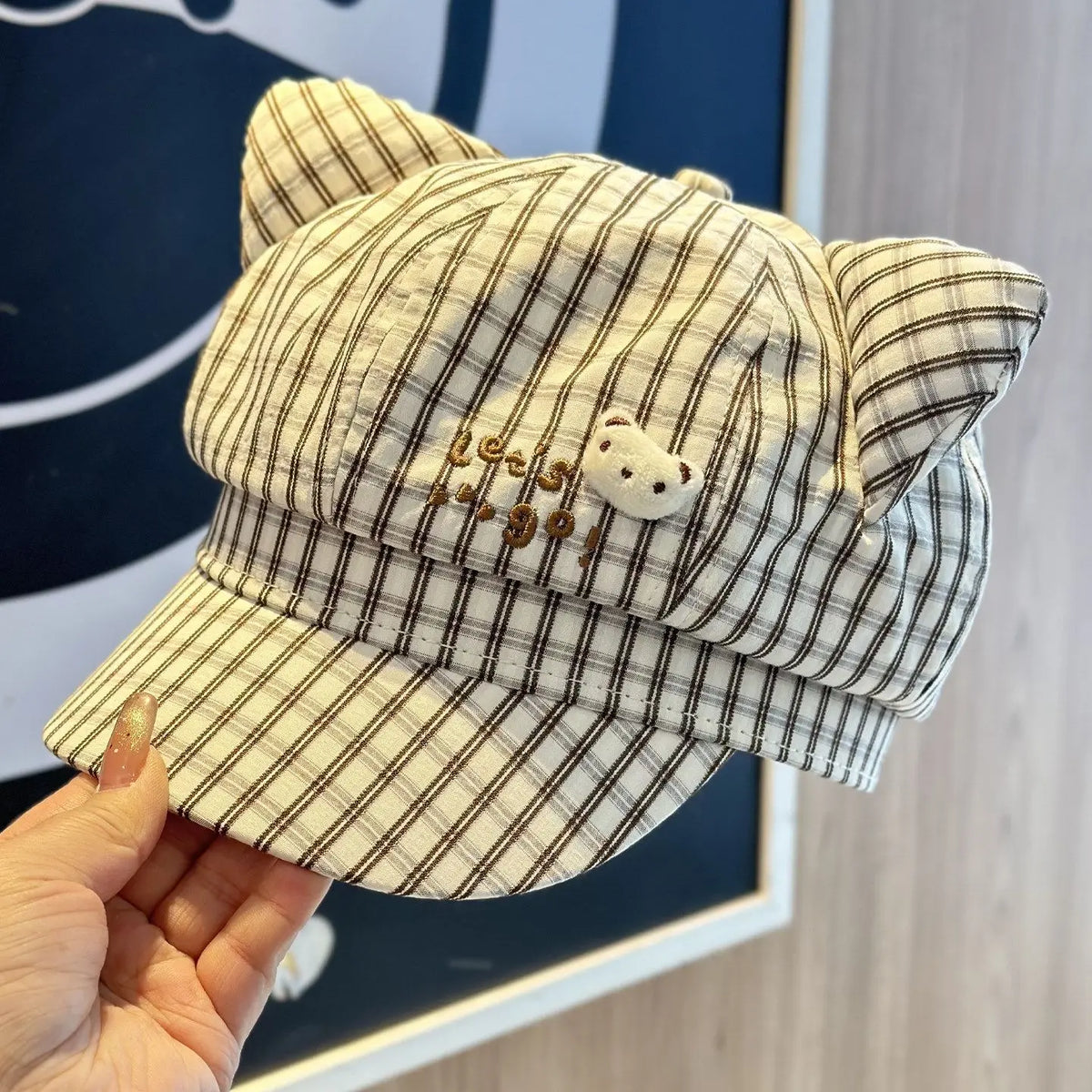 Cat Ear Plaid Newsboy Cap Y2k Aesthetic For Women Kawaii Octagonal Painter Hat Street Snap Sweet Girl Cap
