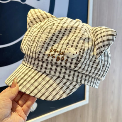 Cat Ear Plaid Newsboy Cap Y2k Aesthetic For Women Kawaii Octagonal Painter Hat Street Snap Sweet Girl Cap