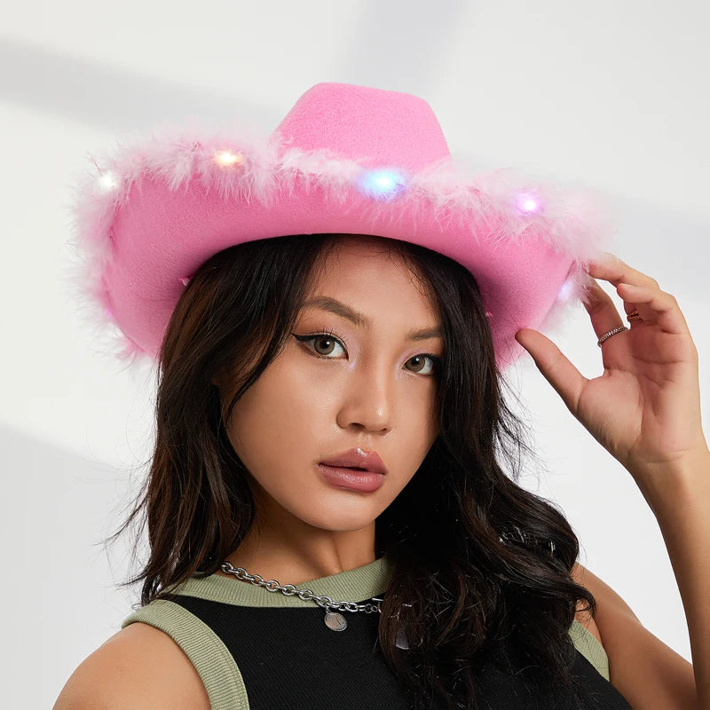 New Felt Party Hats Fashion Cowboy Hat With Colorful Led Light