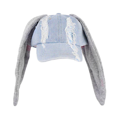New MinJi Haerin Omg Stage Long Rabbit Ear Hat Y2k Style Denim Blue Baseball Cap