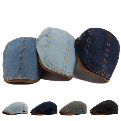 New Patchwork Brown Brim Denim Flat Hat Retro Men And Women