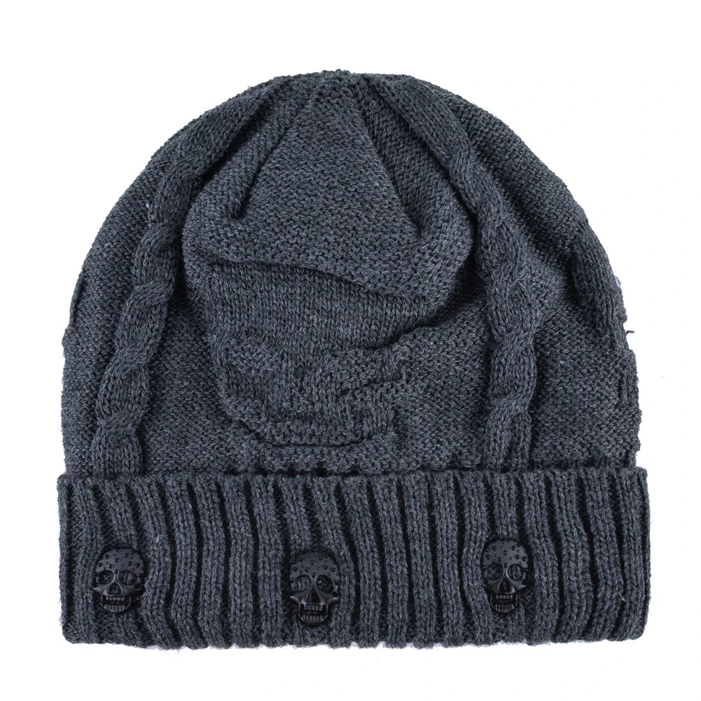 Winter Beanies Men Knitted Skull Pattern Solid Color Hat With Metal Skulls