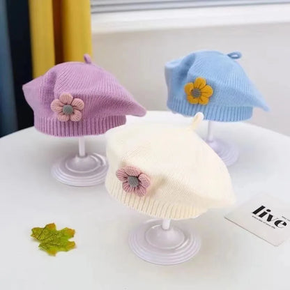 Flower Baby Beret Hat Winter Warm Knitted Beanie Cap