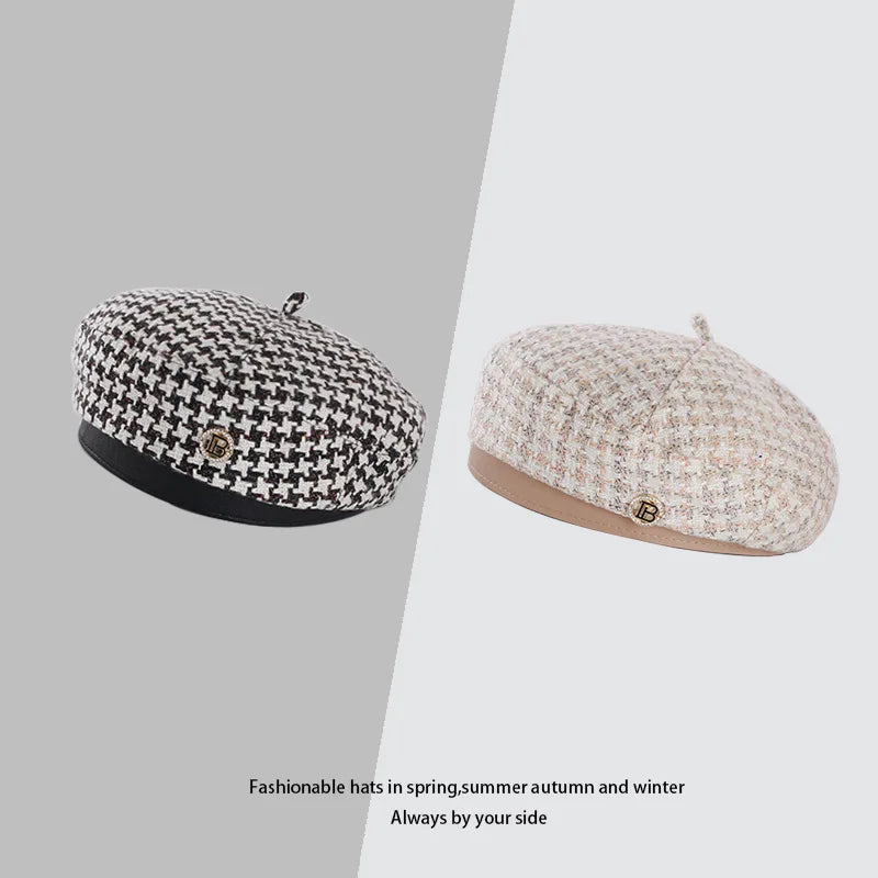 New Fashion All-Match Houndstooth Female British Retro Octagonal Hat