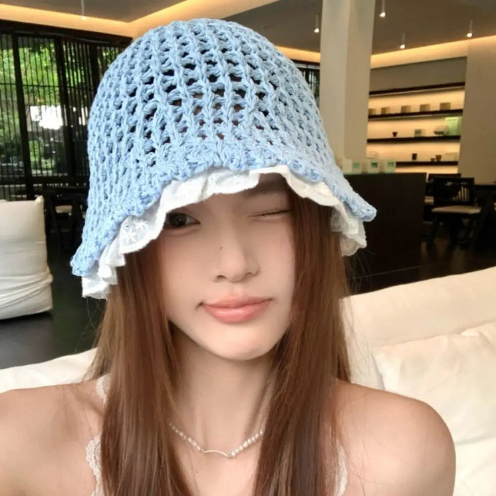 New Lace Fisherman Hat Knitted Wide Brim Sunshade Hat