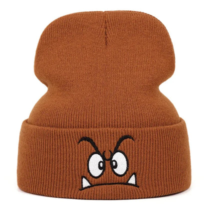 Angry Expression Embroidered Knitted Hat
