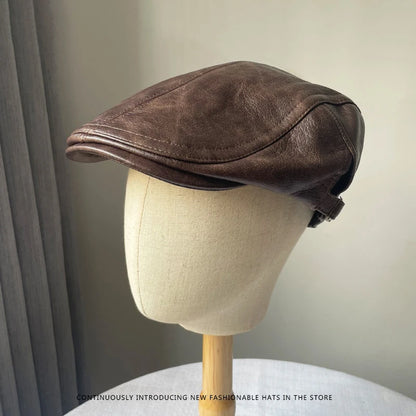 American Retro Leather Plain Baker Boy Hat For Women Autumn Winter Unisex Beret