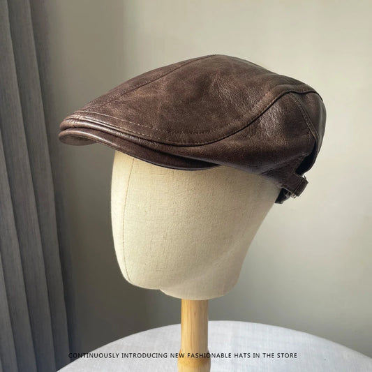 American Retro Leather Plain Baker Boy Hat For Women Autumn Winter Unisex Beret