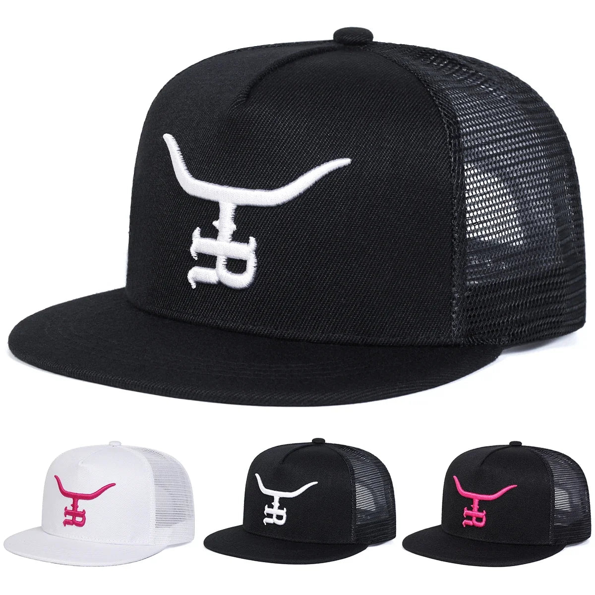 Unisex R Letter Bull Head Embroidery Hip-hop Net Hats Spring Summer